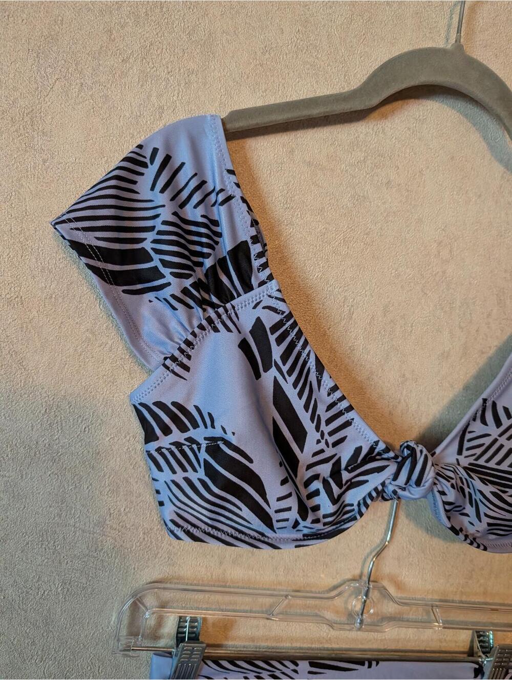 AERIE blue black palm leaf printed short sleeve bikini sz S - Picture 6 of 8
